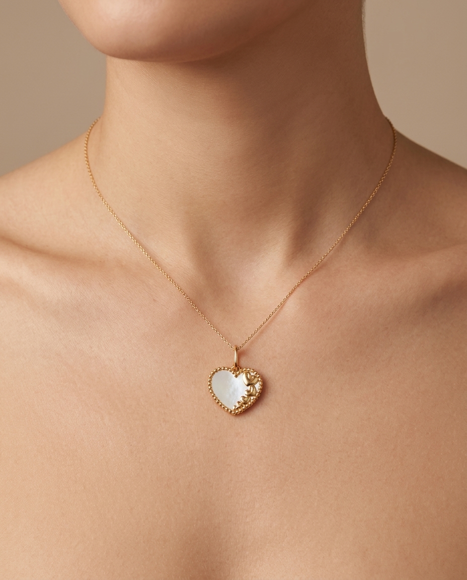 Mop Heart Pendant in Yellow Gold on model