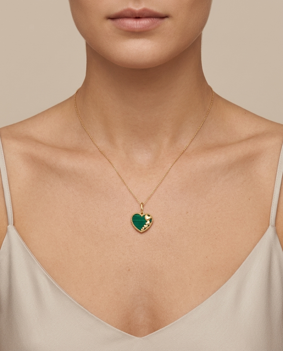 Malachite Heart Pendant in Yellow Gold on model