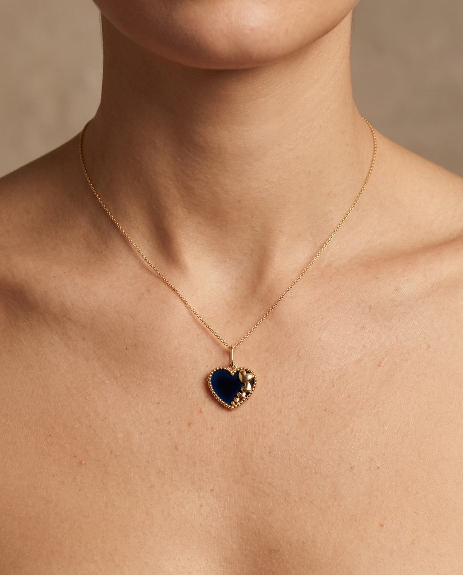 Lapis Heart Pendant in Yellow Gold on model