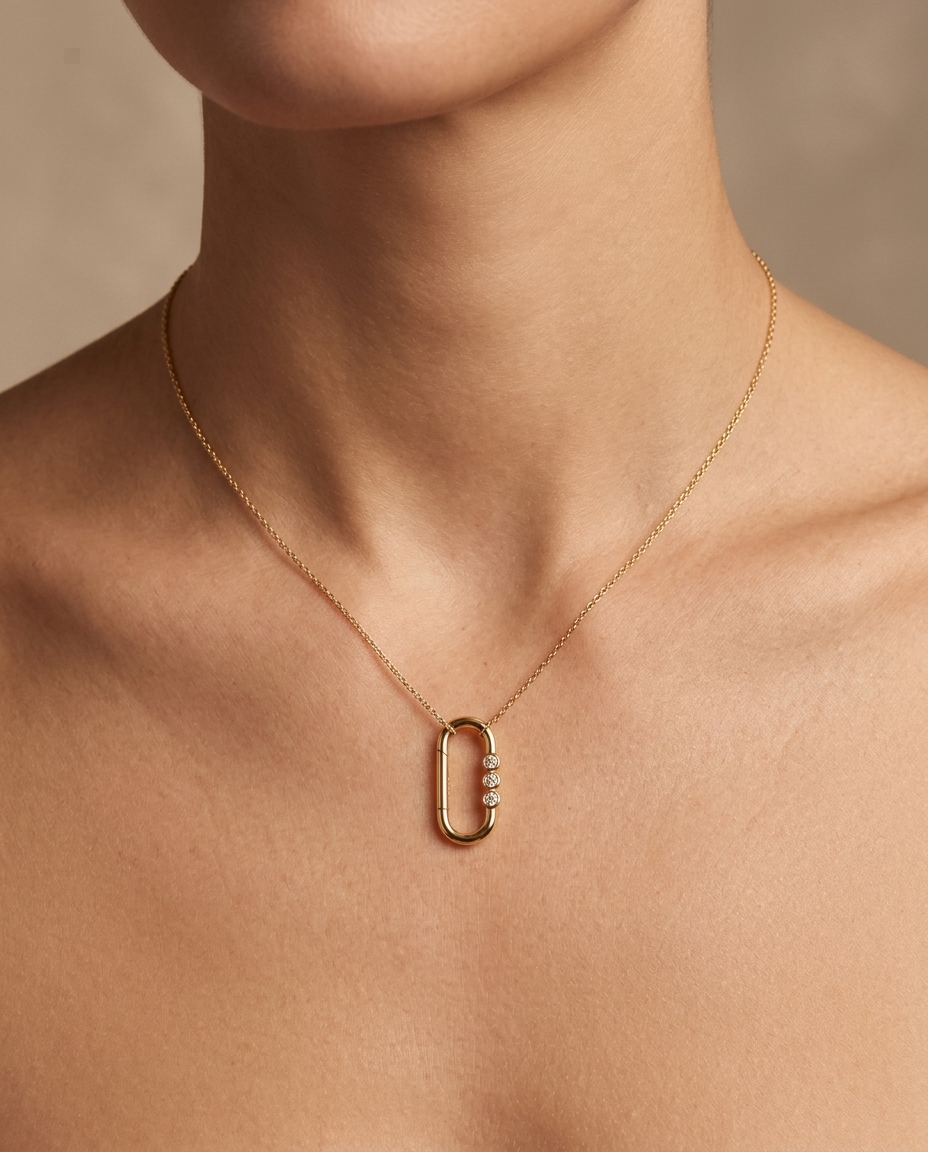 3 Diamonds Paperclip Lock Pendant in Yellow Gold on model