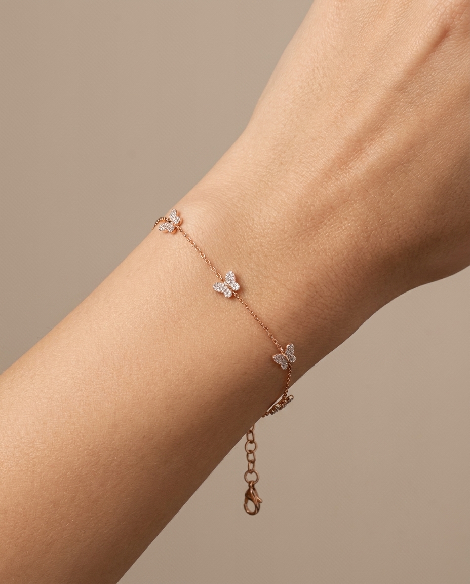 Butterfly Design Diamond Bracelet in Rose Gold on model
