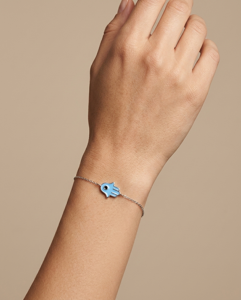 Blue Enamel Hamsa Braceler Bracelet in White Gold on model