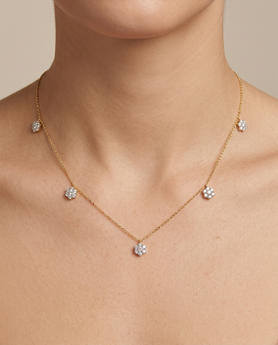 5 Loose Clusters Diamond Necklace in Yellow Gold on model
