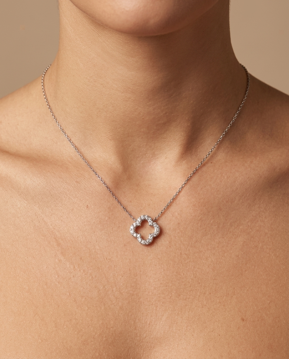4 Leaf Clover Diamond Necklace in White Gold on model