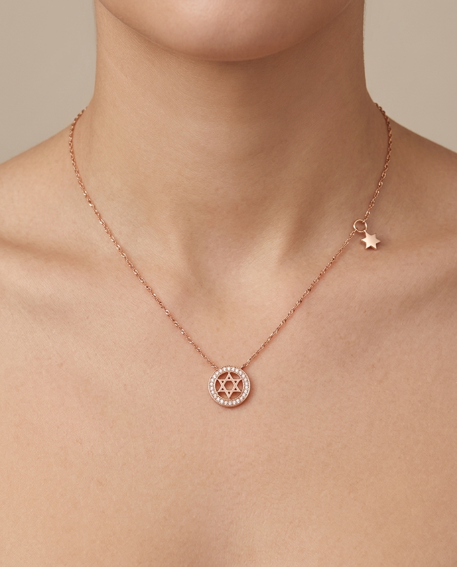 Star of David with Circle Border Diamond Necklace in Rose Gold on model