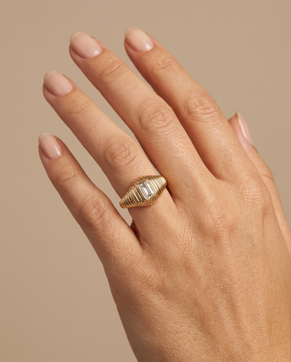 Lines Across All Shank Emeral Cut Diamond Ring in Yellow Gold on model
