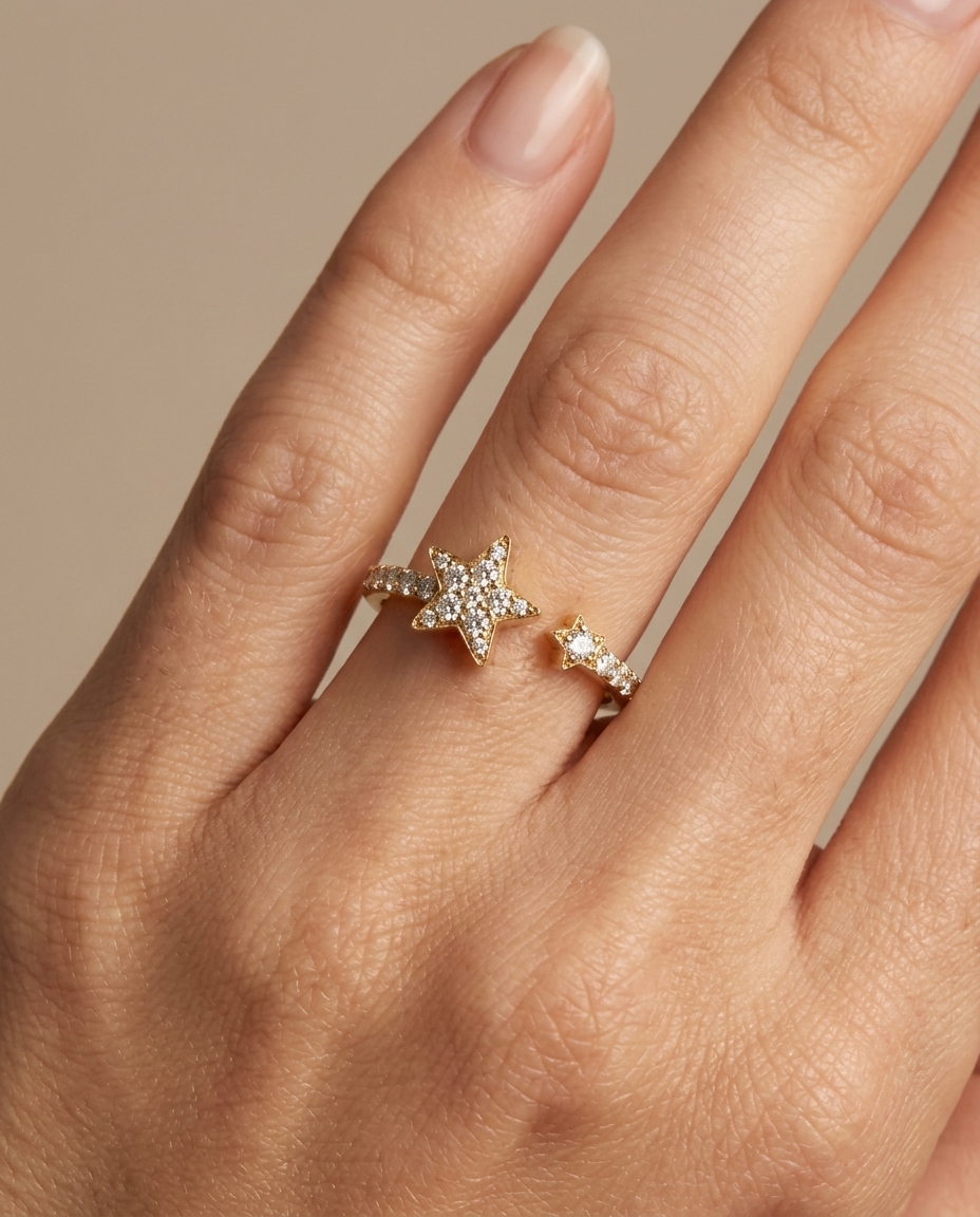 2 Stars Cluster Diamond Open Ring in Yellow Gold on model