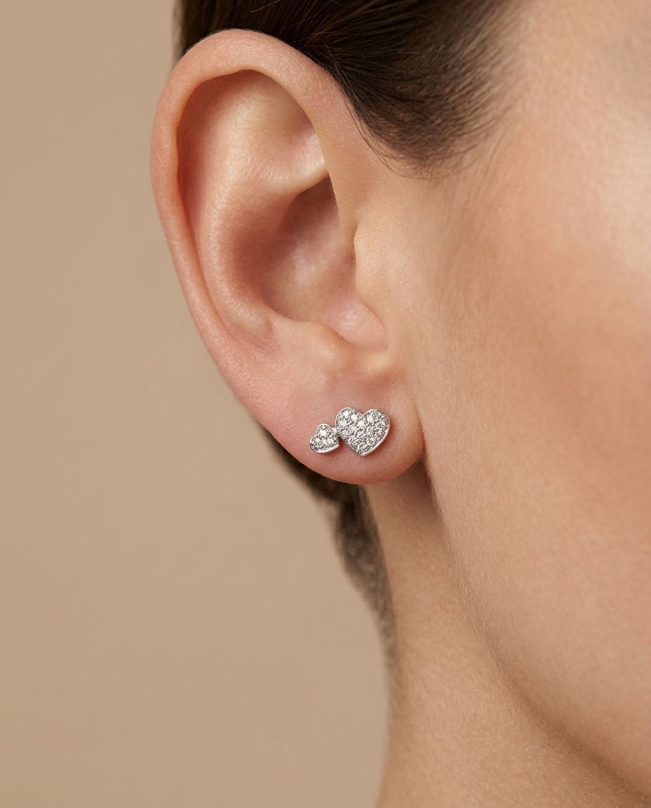 Double Heart Diamond Earrings in White Gold on model