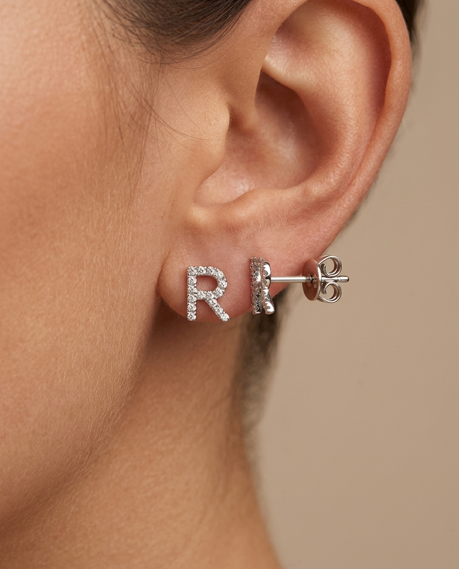 R Initial Diamond Earrings in White Gold on model