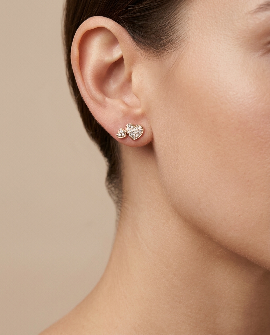 Double Heart Diamond Earrings Y in Yellow Gold on model