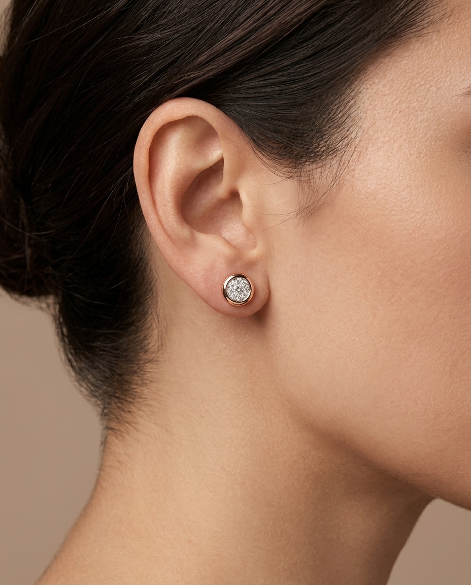 Single Stone Illusion Bezel Earrings in Rose Gold on model