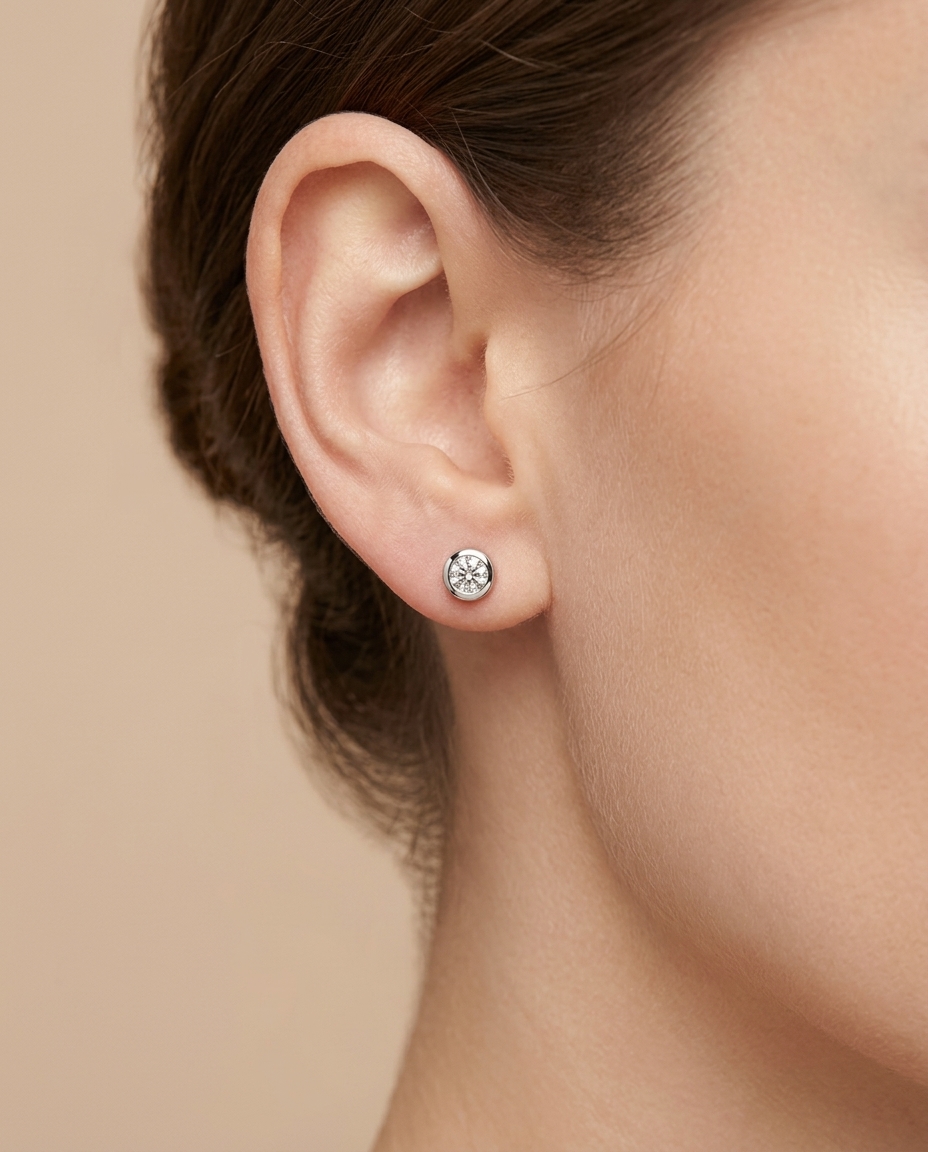 Single Stone Illusion Bezel Earrings in White Gold on model