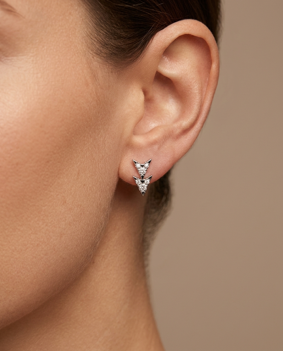 Double Row Diamond Earrings in White Gold on model