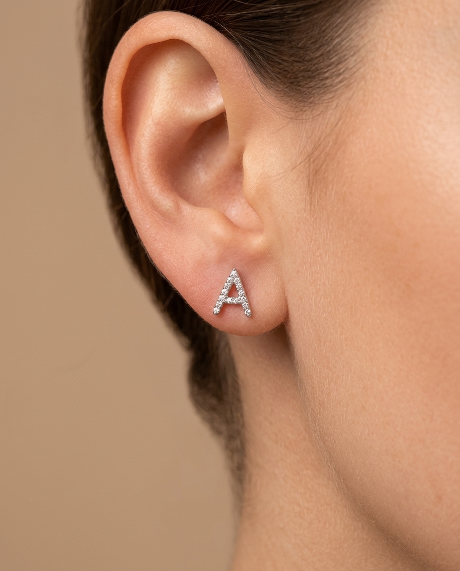 A Initial Diamond Earrings in White Gold on model