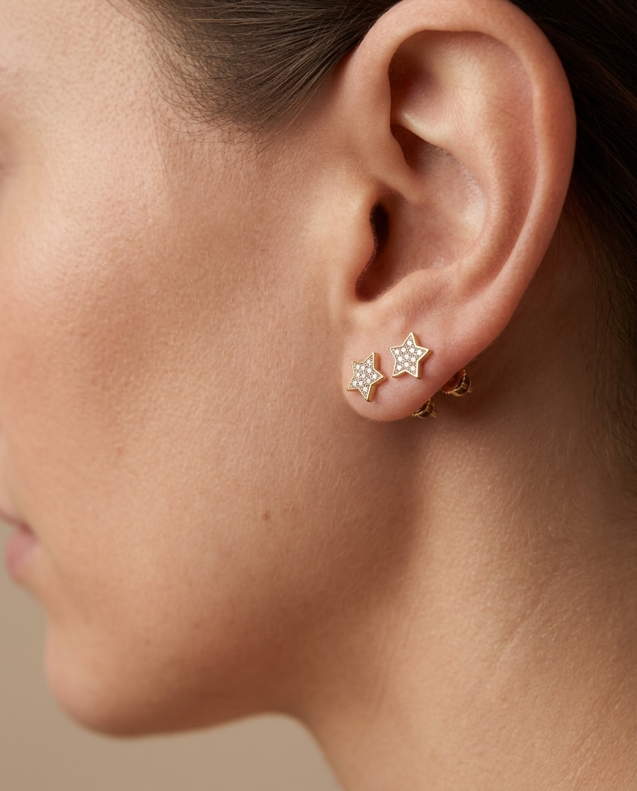Flat Star Diamond Earrings in Yellow Gold on model