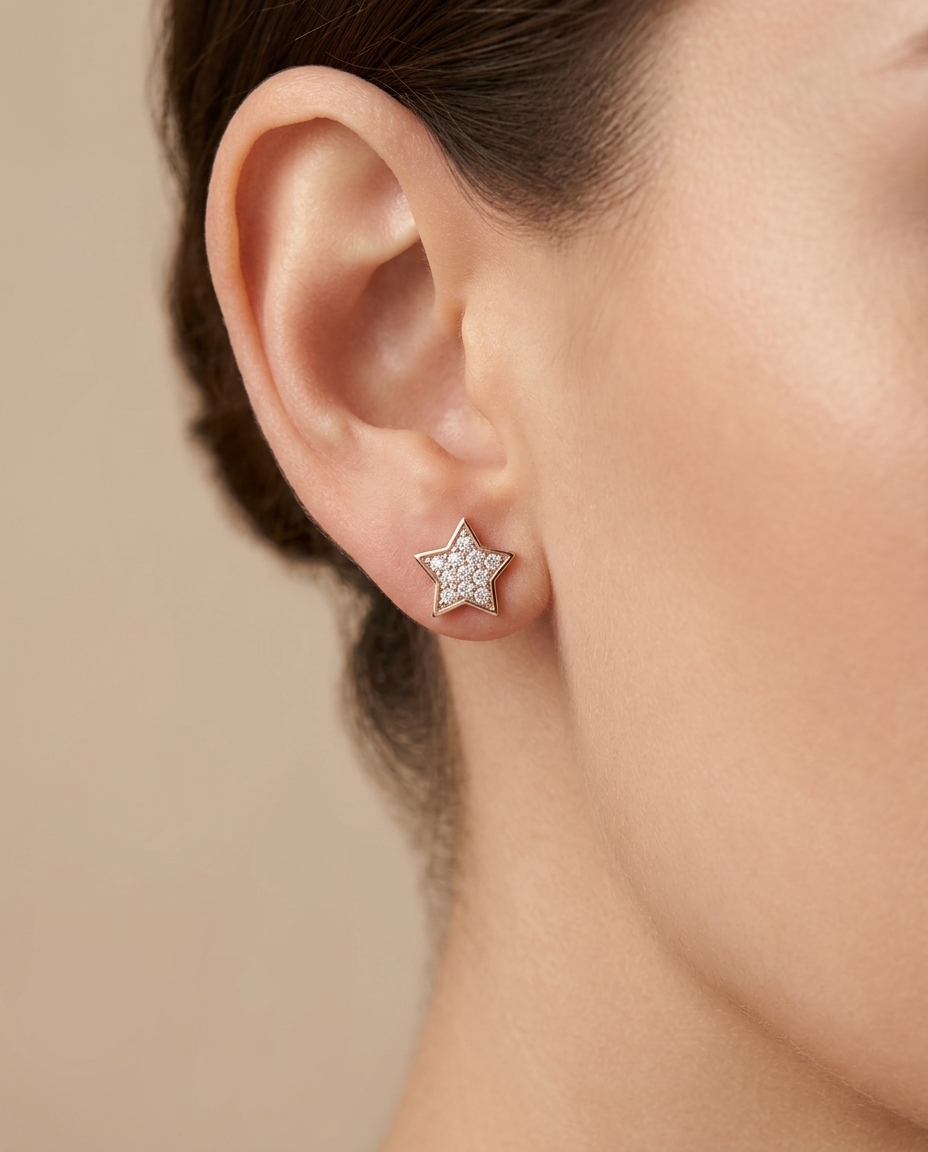 Flat Star Diamond Earrings in Rose Gold on model
