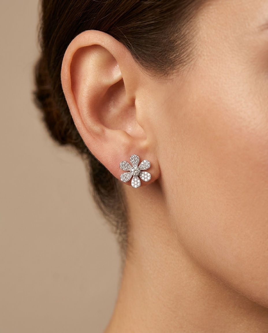 6 Petal Flower Diamond Earrings in White Gold on model