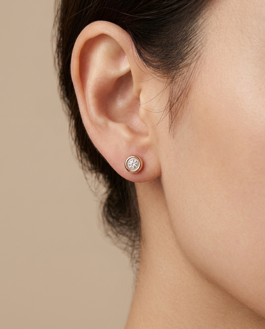 Single Stone Illusion Bezel Earrings in Rose Gold on model