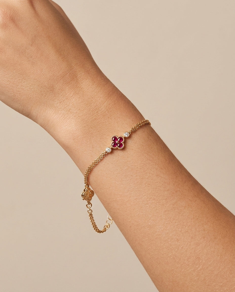 Ruby Flower Diamond Bracelet in Yellow Gold on model