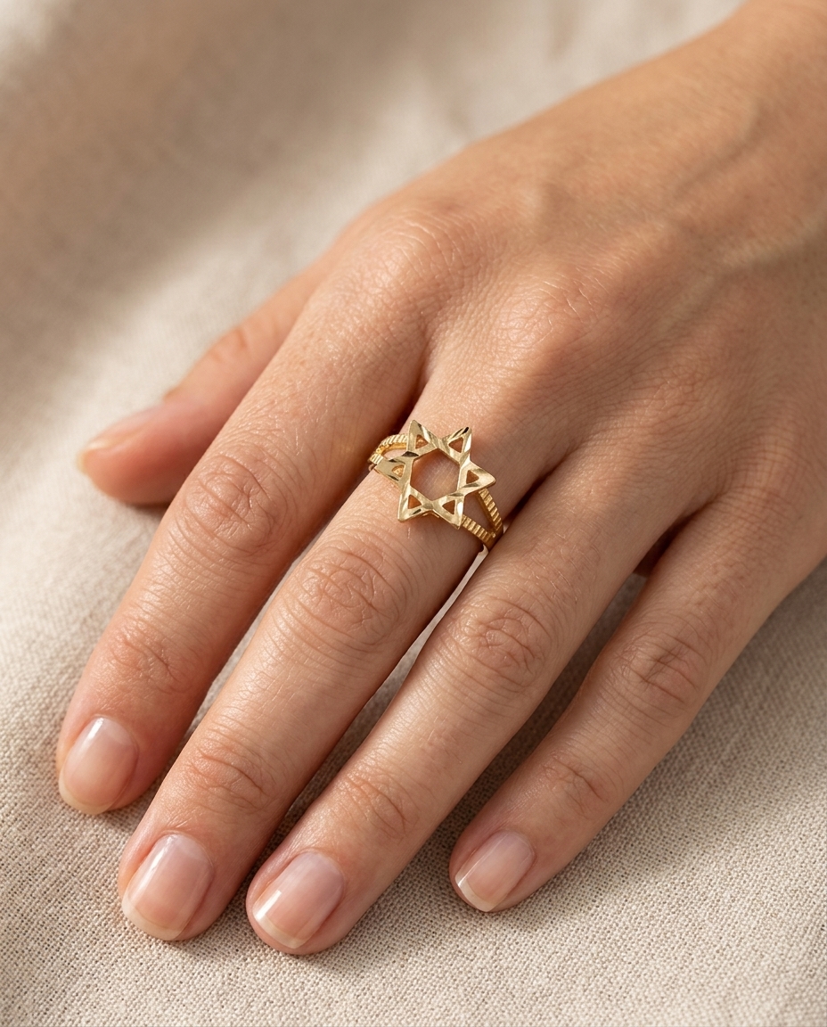 Star of David Ring in Yellow Gold on model