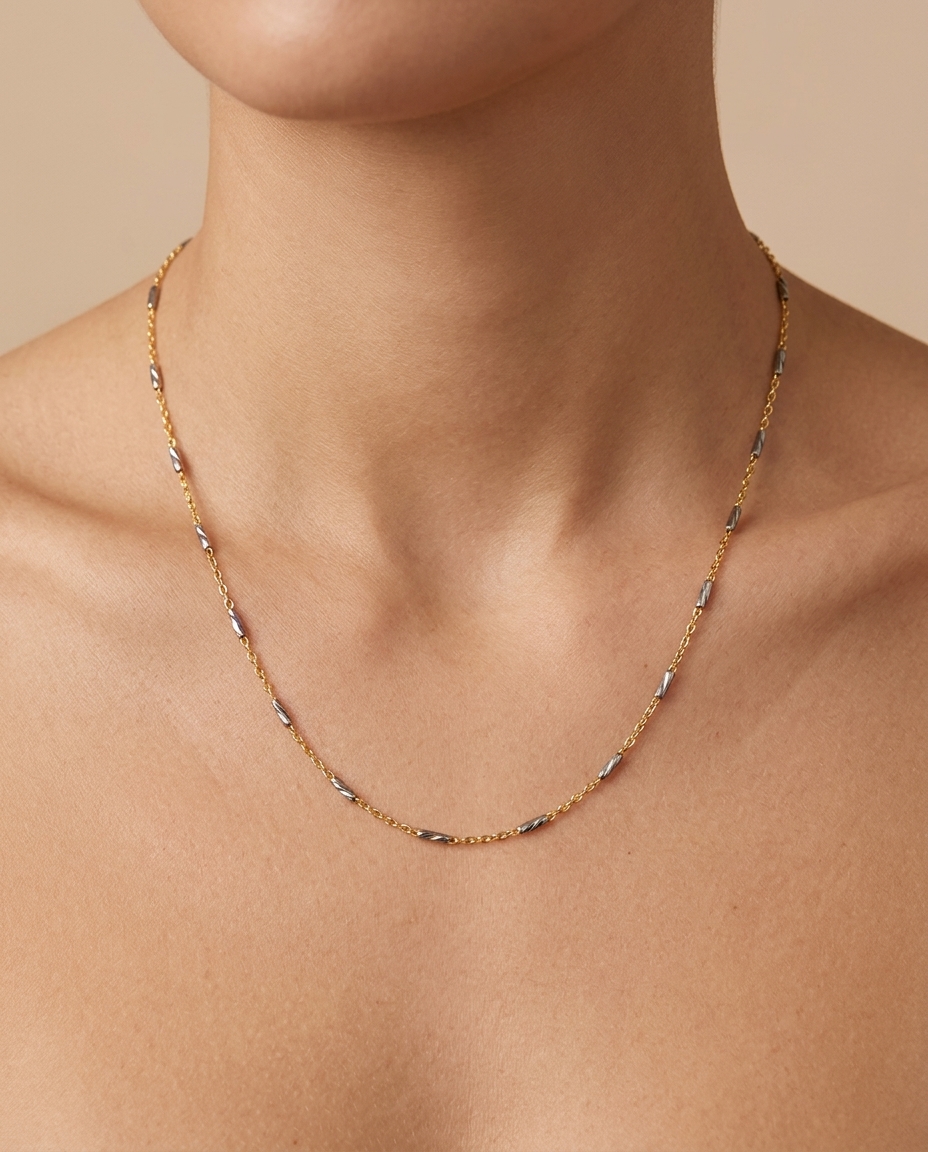 Hollow Carrel Station 2 Tone Chain in Yellow Gold on model