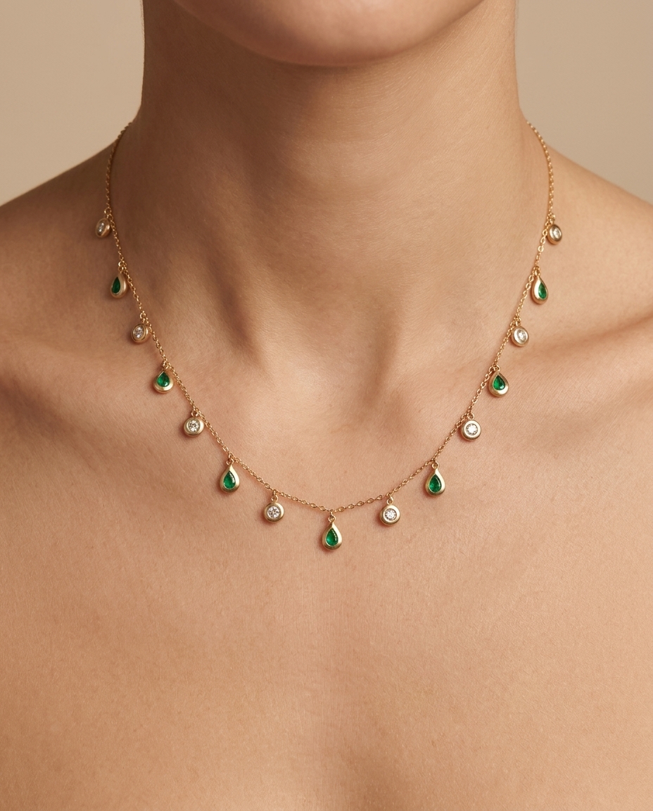 Diamond and Emerald Dangling Necklace Emerald, Diamond in Yellow Gold on model