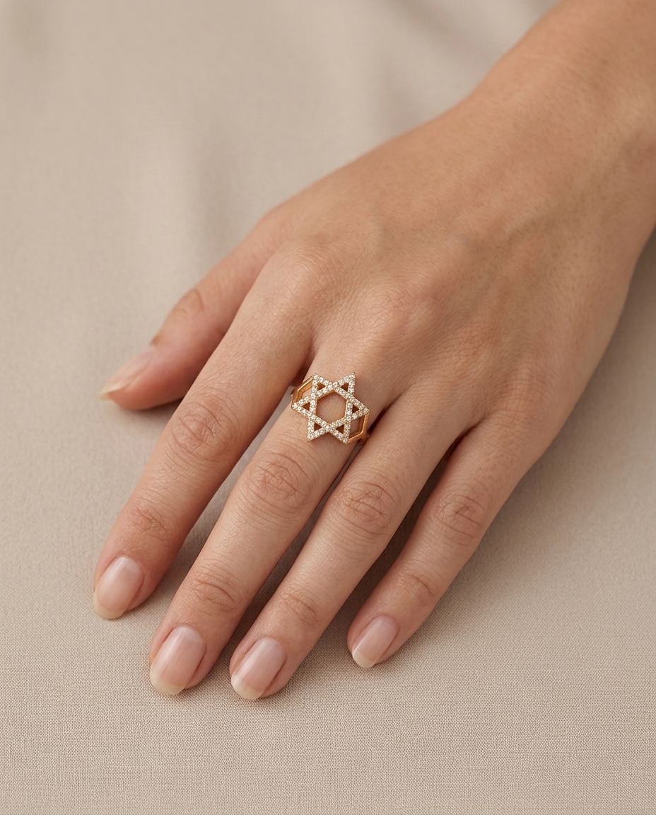 .41ctw Diamond Star of David Accent Ring in Yellow Gold on model