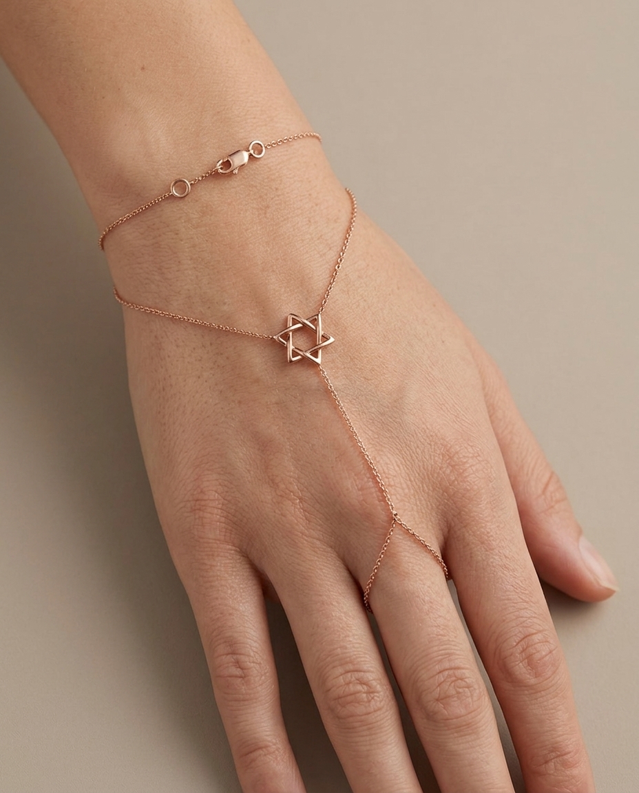 Double Loop Star of David Hand Chain in Rose Gold on model