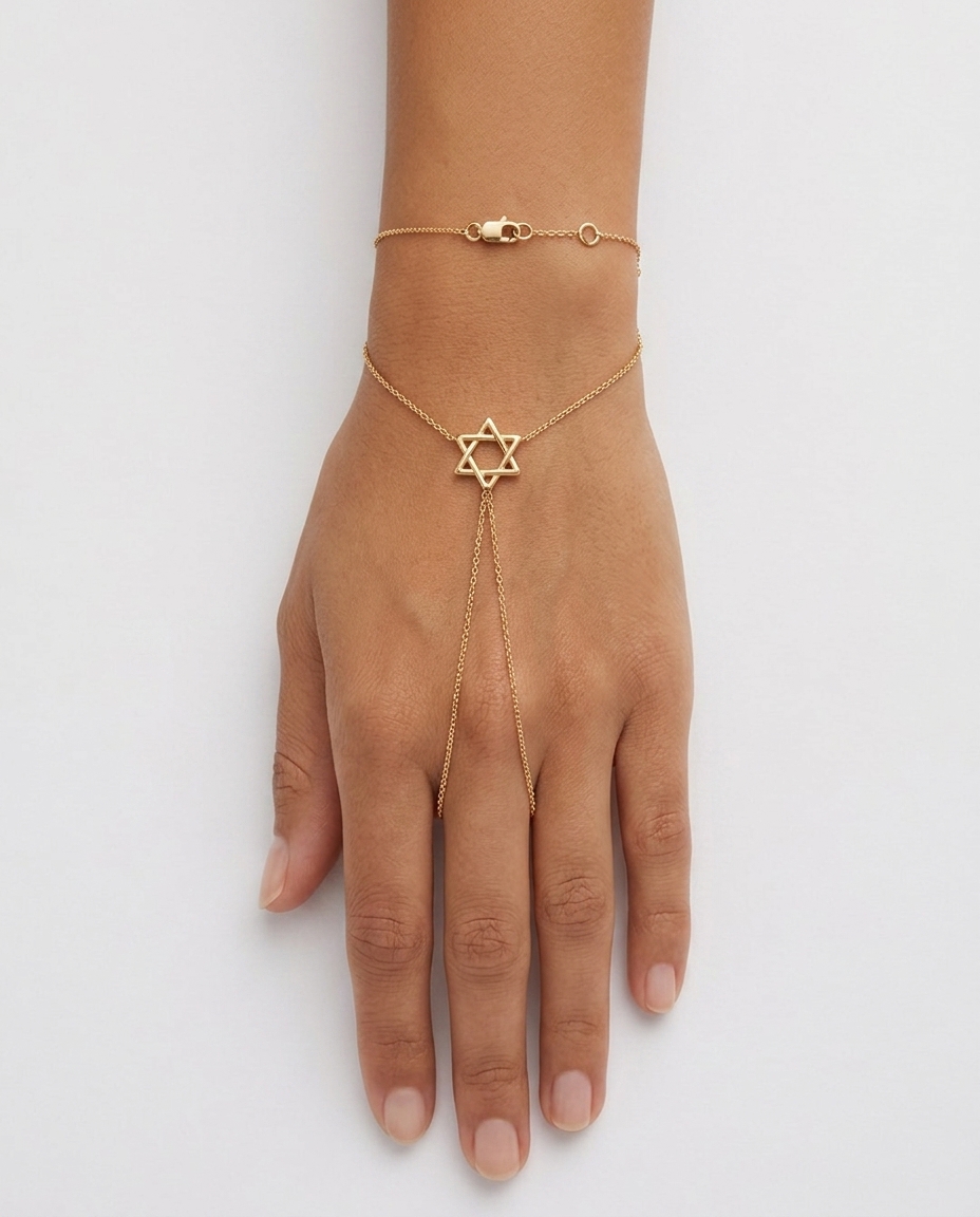 Double Loop Star of David Hand Chain in Yellow Gold on model