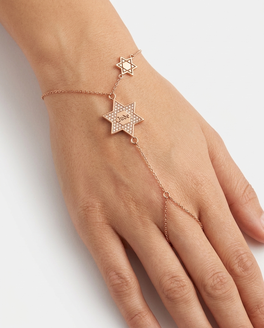 Diamond and Enamel Star of David Hand Chain in Rose Gold on model