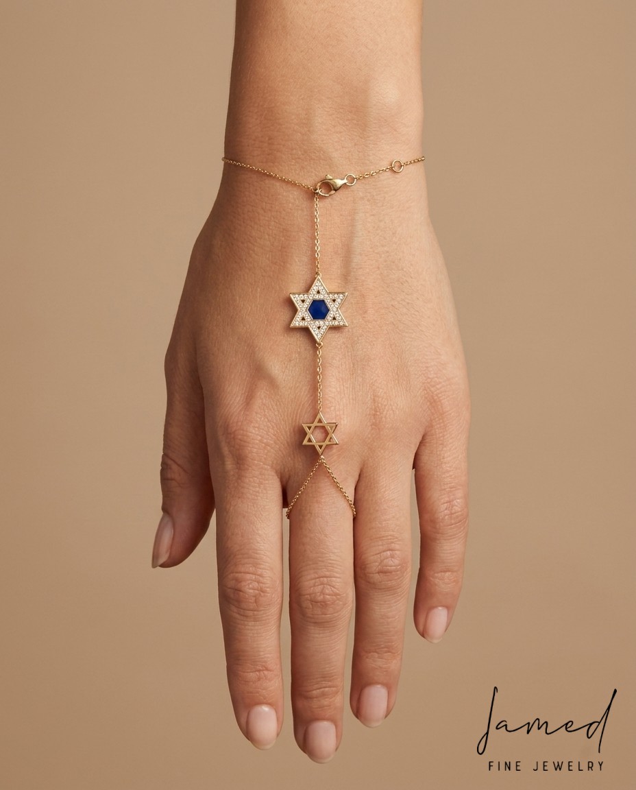Diamond and Enamel Star of David Hand Chain in Yellow Gold on model