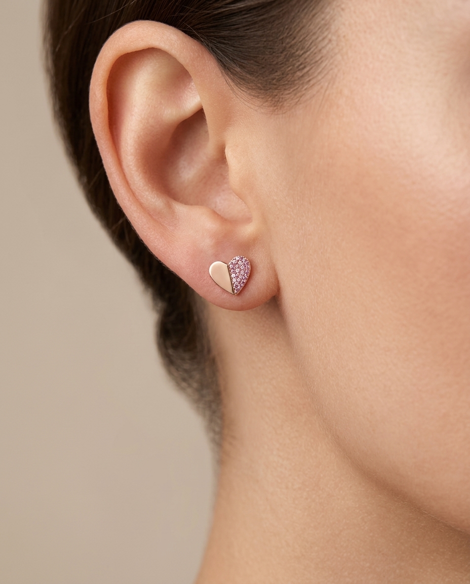 Pink Sapphire Heart Earring in Rose Gold on model