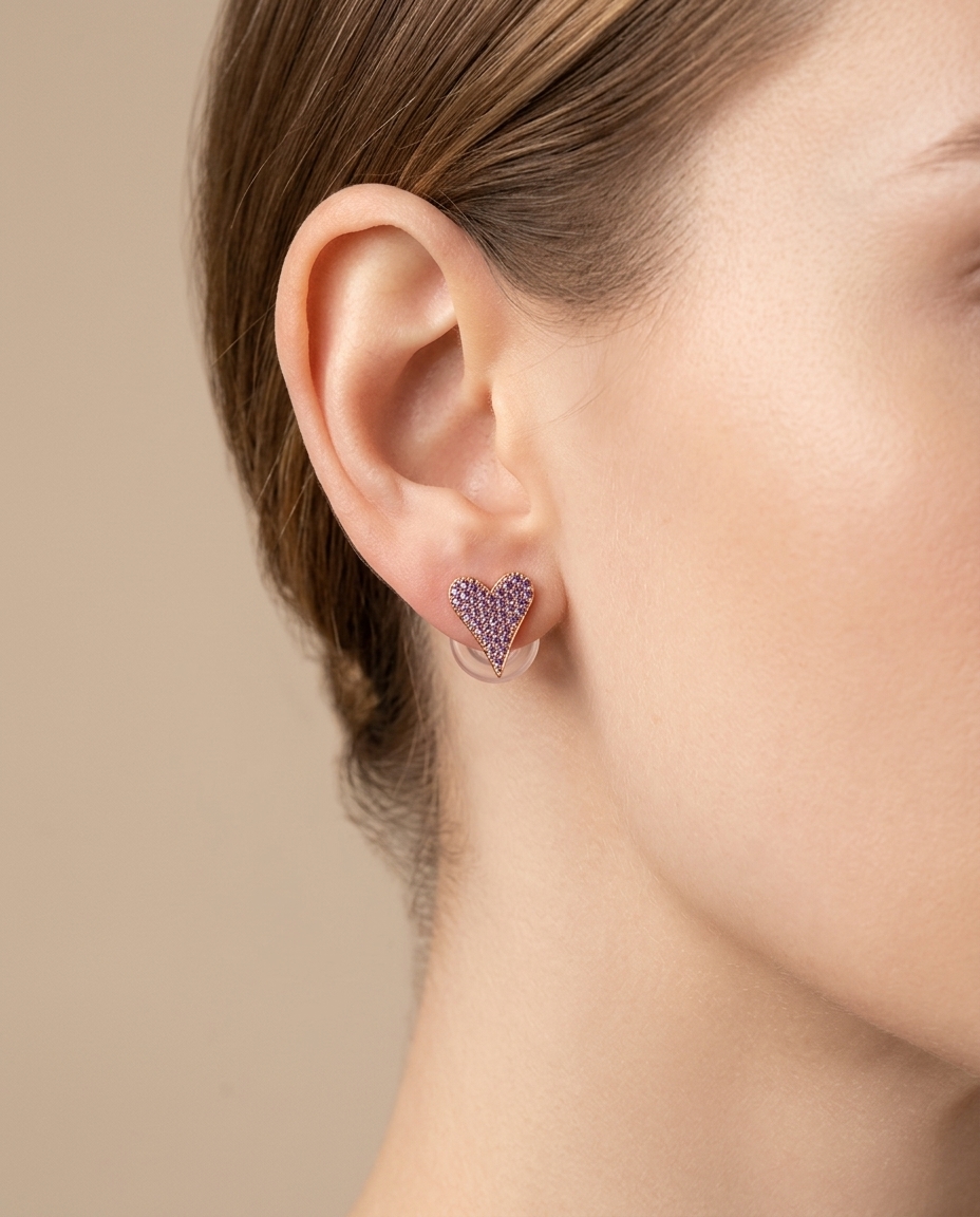 Pink Sapphire Heart Earring in Rose Gold on model
