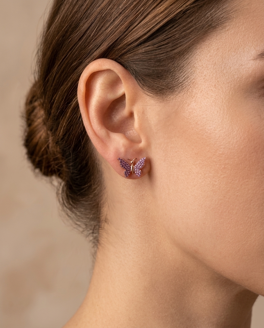 Pink Sapphire Butterfly Earring in Rose Gold on model