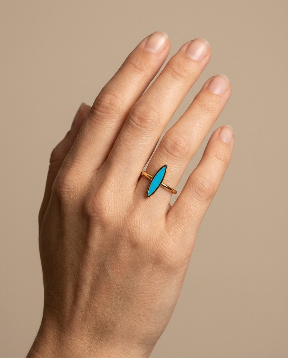 Turquoise Enamel Ring in Yellow Gold on model