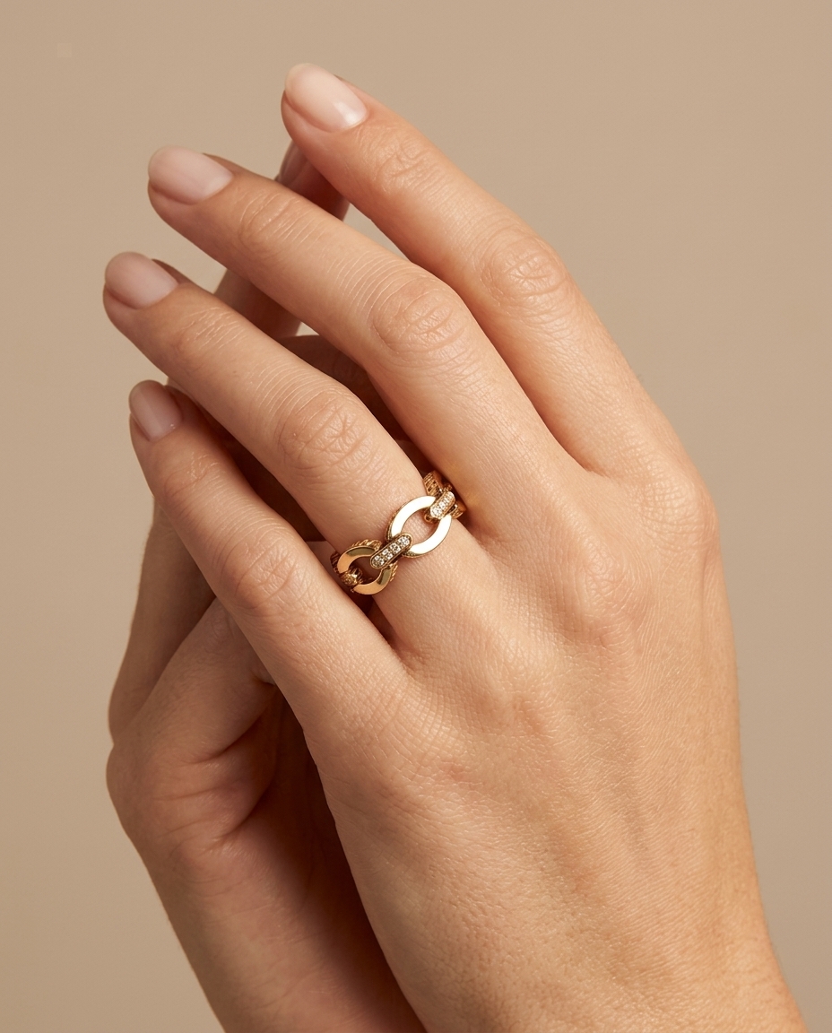 Diamond Link Ring . in Yellow Gold on model