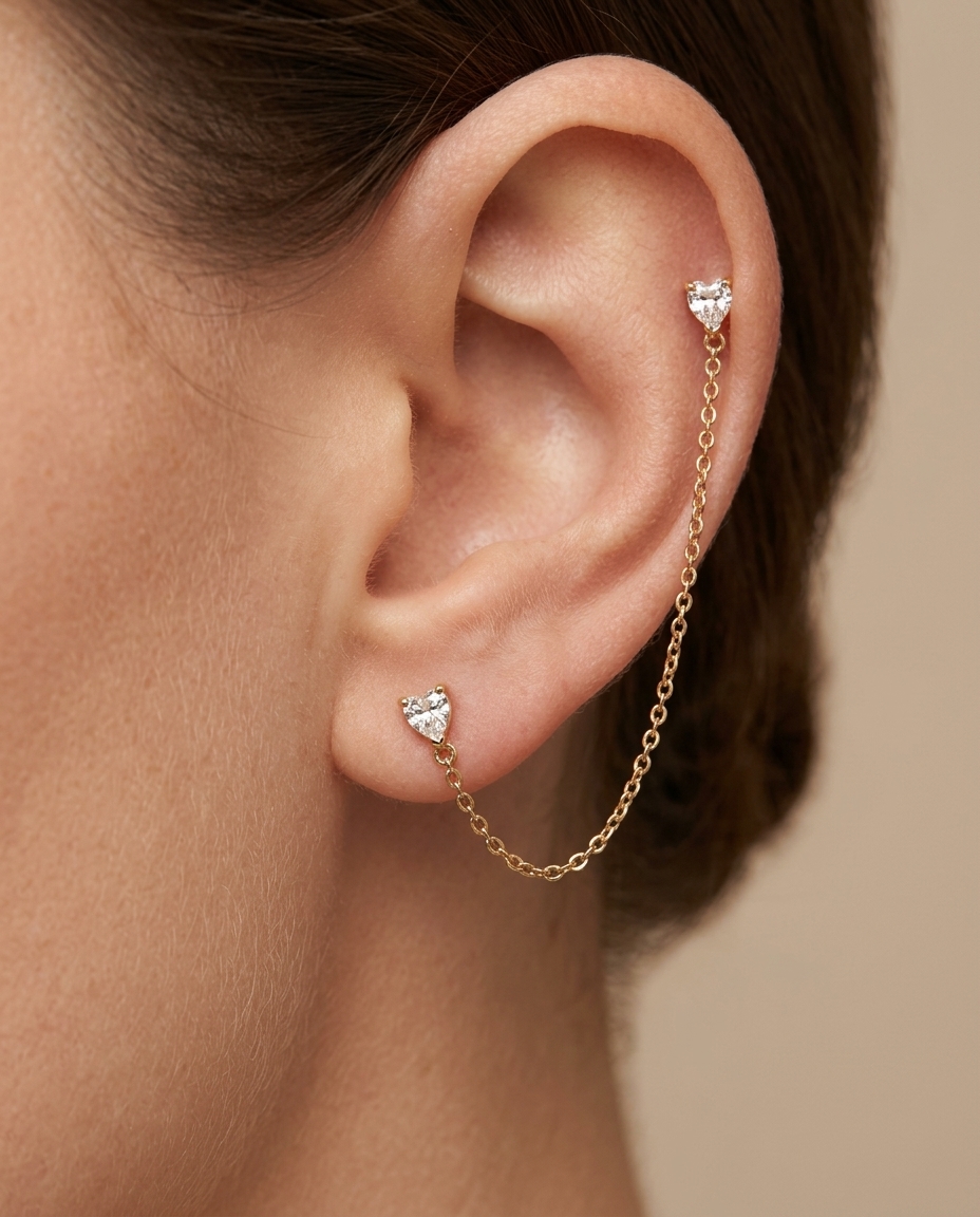 Diamond Pear Shape 4 Pcs with Chain Earring Diamond in Yellow Gold on model