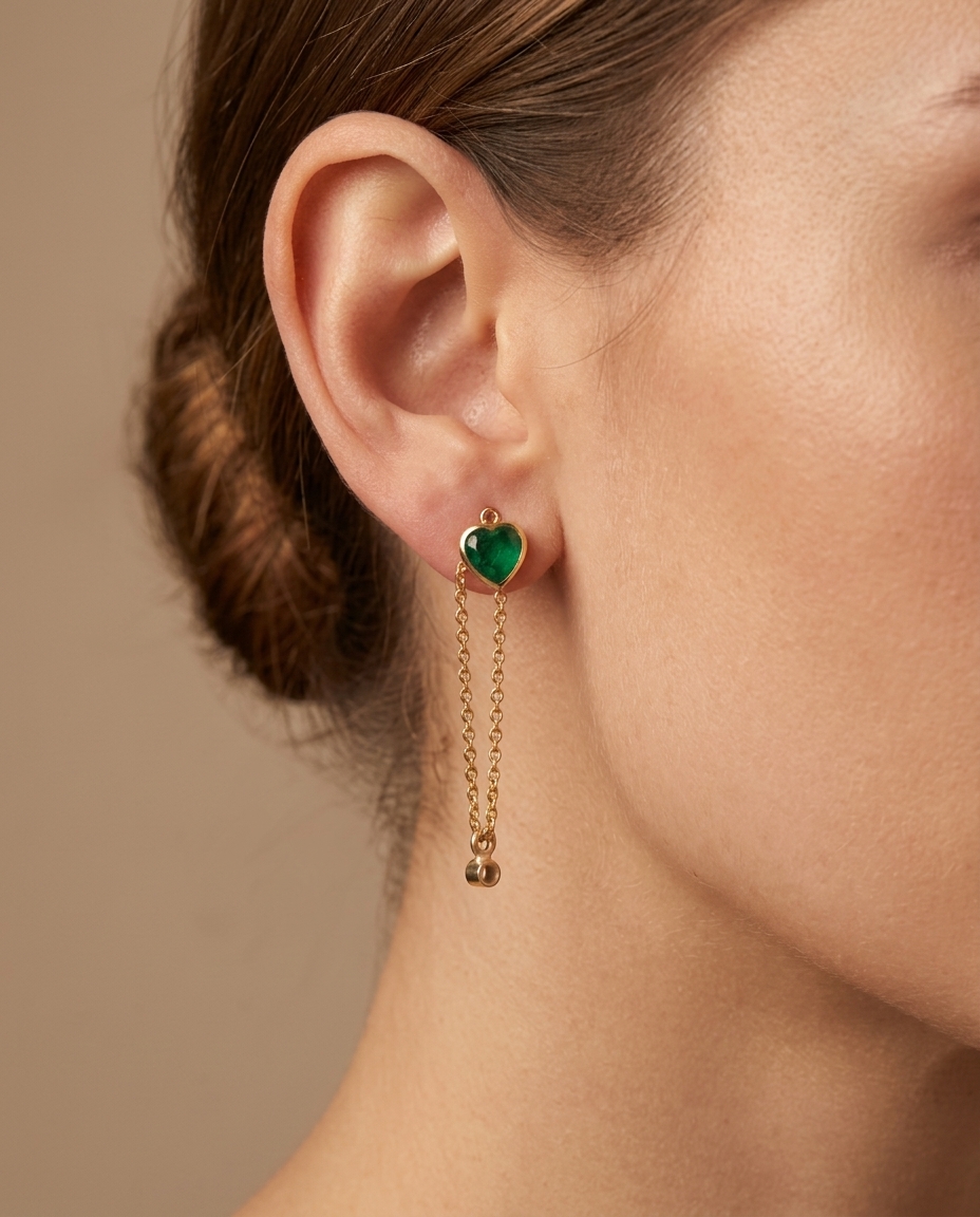 Emerald Heart with Chain Earrings in Yellow Gold on model