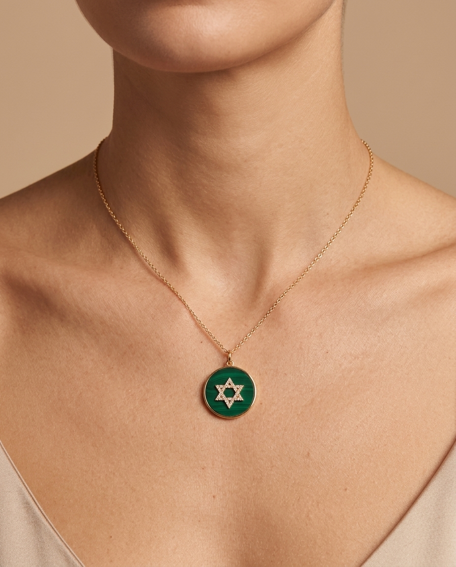 Malachite Star of David Pendant in Yellow Gold on model
