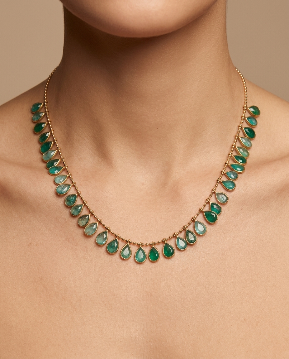 Emerald Pear Dangling Necklace in Yellow Gold on model