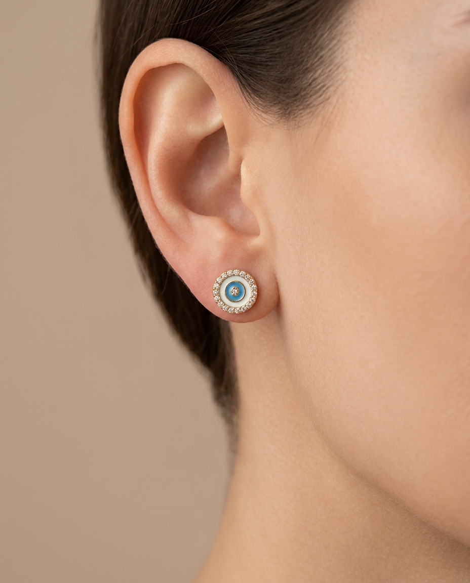 Evil Eye Enamel Diamond Earring in Yellow Gold on model