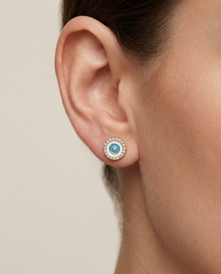 Evil Eye Enamel Diamond Earring in Yellow Gold on model
