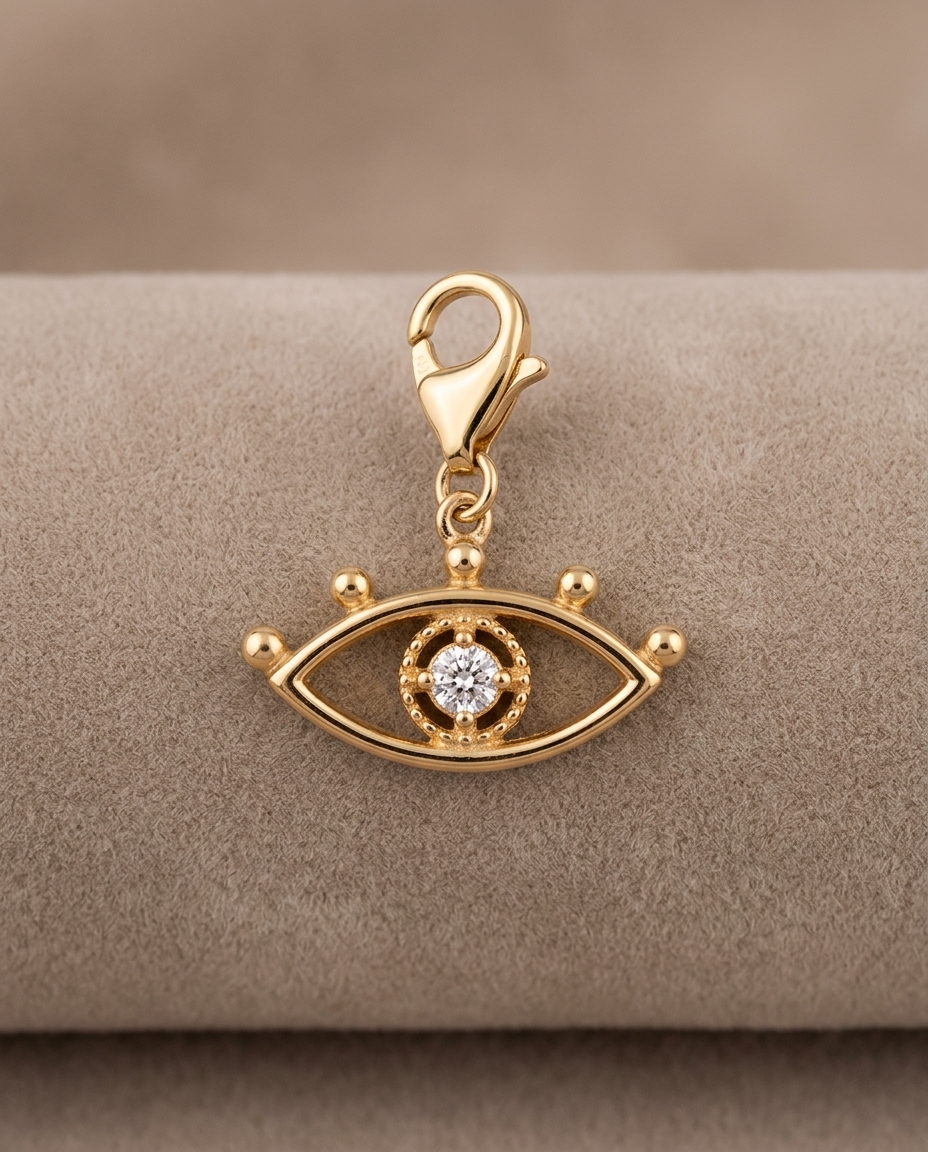 Evil Eye Charm in Yellow Gold on model