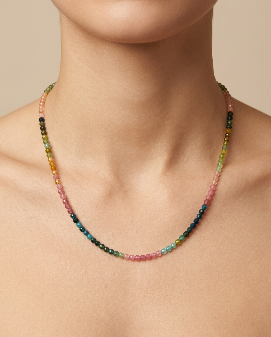 Multicolored Tourmaline Beaded Necklace on model