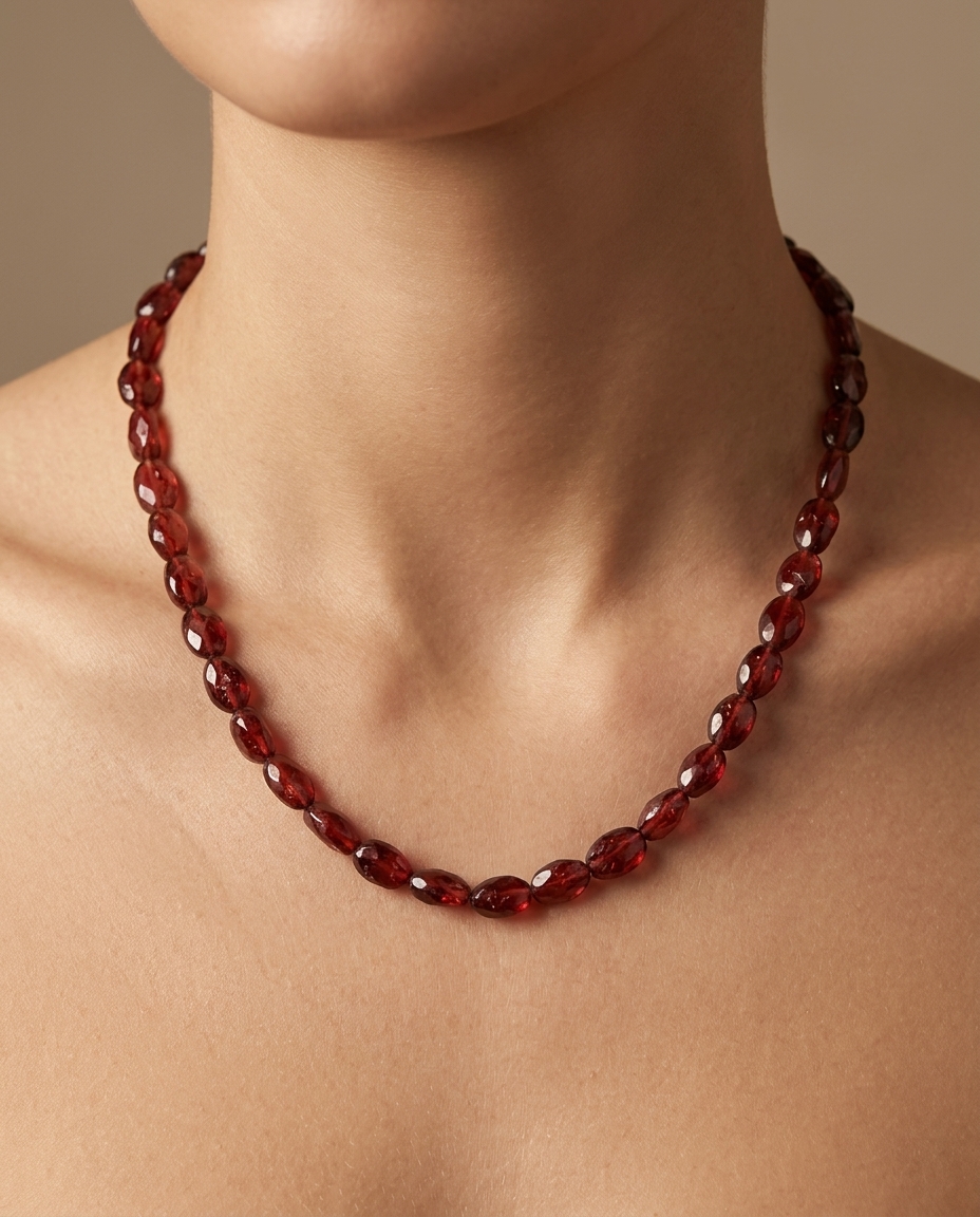 Mozambique Garnet Oval Beaded Necklace on model
